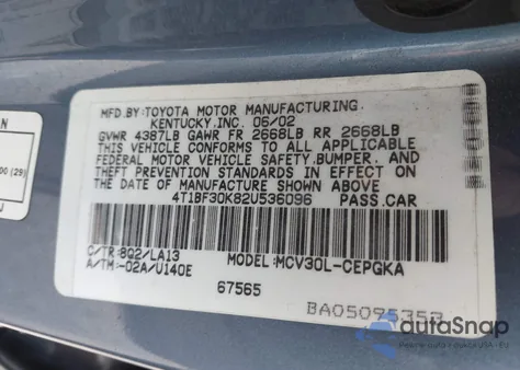 2002 Toyota Camry Xle V6 из США, поврежденный, VIN 4T1BF30K82U536096